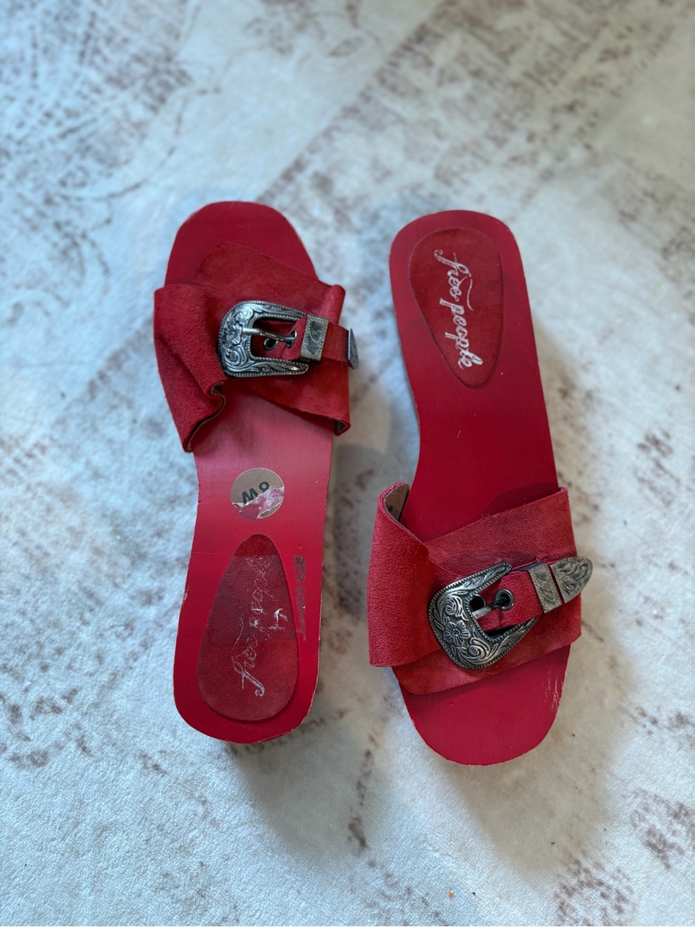 Free People Red Suede Slide Mules with Ornate Silver Buckles